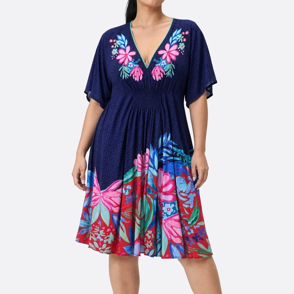 Blank London Smocked Waist Floral Navy Blue Kaftan Dress Size O/S fits L/XL